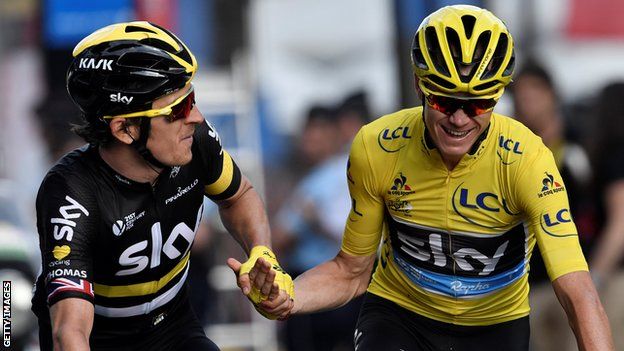 Geraint Thomas and Chris Froome celebrate at end of 2016 Tour
