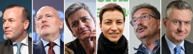 A six-headshot composite shows the faces of Weber, Timmermans, Vestager, Keller, Cue, and Zahradil