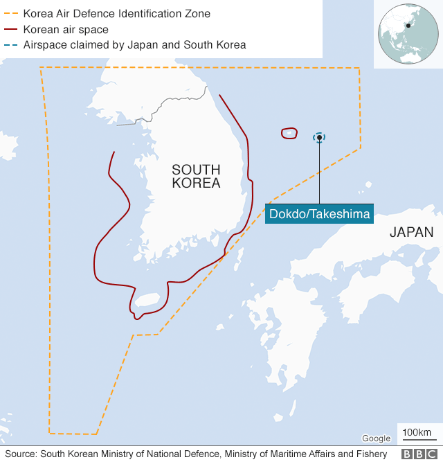 Map showing South Korea and Dokdo/Takeshima and airspace around them