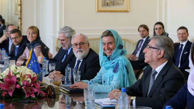 European Union High Representative for Foreign Affairs, Federica Mogherini (2ndR) and her delegation meet with Iran's Foreign minister on April 16, 2016 in the capital Tehran