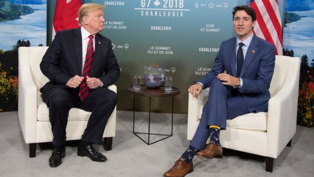 Donald Trump (left) with Justin Trudeau in Quebec, Canada, 8 June