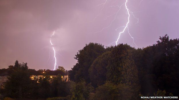 Two lightning strikes over houses