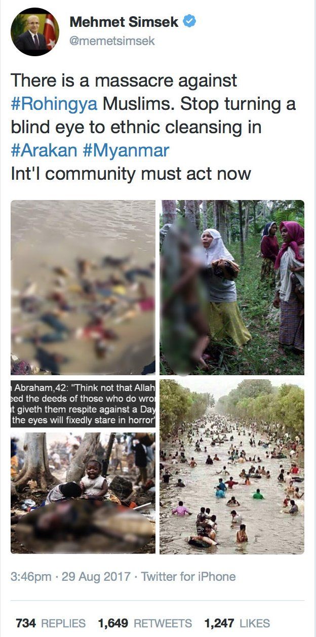 Tweet by Mehmet Simsek including four images. Text says "There is a massacre against #Rohingya Muslims. Stop turning a blind eye to ethnic cleansing in #Arakan #Myanmar Int'l community must act now"