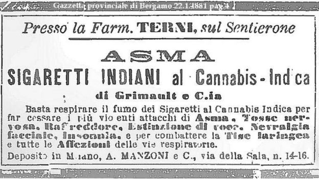 Anúncio de jornal italiano, em 1881, propagandeia efeitos benéficos de cigarros com cannabis da Índia: detém ataques de asma, resfriados, perda de voz, dor facial, insônia e outros