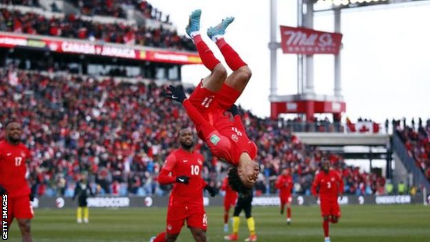 Tajon Buchanan celebrates after scoring in the 4-0 win over Jamaica which saw Canada reach their first men's World Cup in 36 years