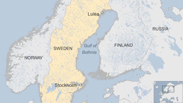 Map showing Sweden and Finland, with Lulea and the Gulf of Bothnia marked out