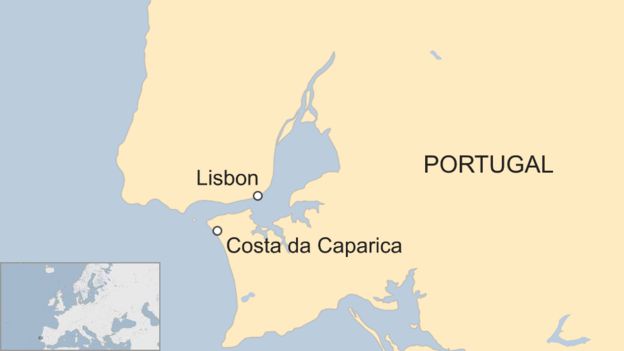 A map showing Caparica in relation to Lisbon within Portugal