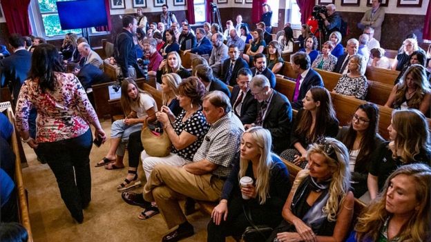 The courtroom fills up before the start of the opioid trial at the Cleveland County Courthouse in Norman, Oklahoma, U.S. May 28, 2019