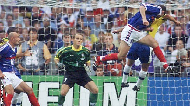 Zinedine Zidane scores the opening goal in the 1998 World Cup final