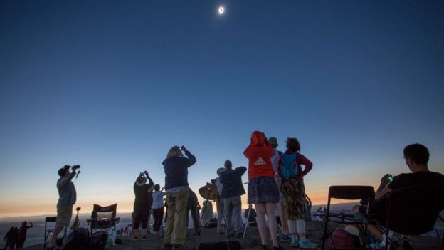 Eclipse solar total y personas mirándolo.