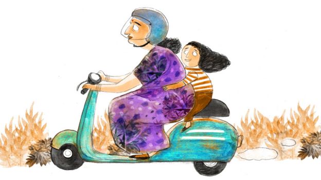 Perempuan berdaster mengendarai motor.