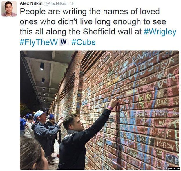 Local reporter Alex Nitkin posted this image on his Twitter feed of fans writing messages on a wall at Wrigley Field