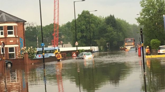 Flooded Pershore Road in Selly Oak