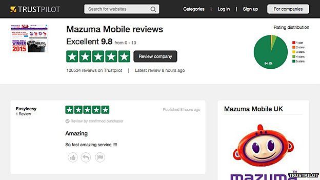 Mazuma Mobile page on Trustpilot