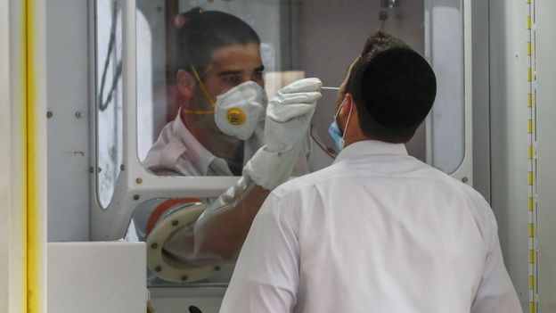 A Magen David Adom paramedic performs a test for Covid-19 on a man at a mobile testing station in Guela, Jerusalem (20 April 2020)