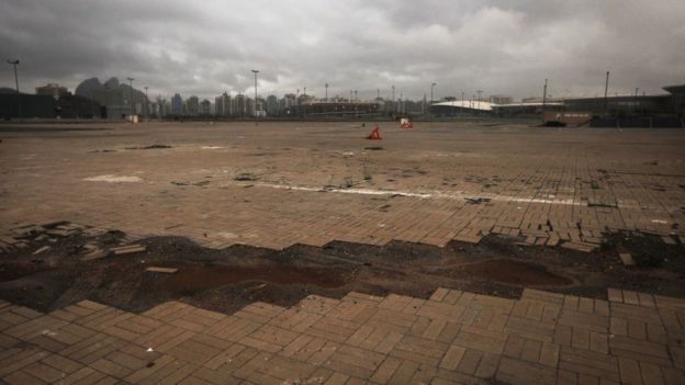 A general view of damaged flooring in the Olympic Park on 18 March 2017