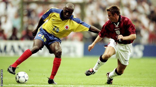 Freddy Rincon in action against England at the 1998 World Cup