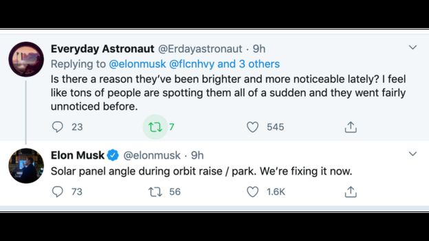 Twitter question to Elon Musk on the brightness of Starlink satellites