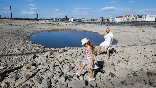 A family walks next to a puddle in the partially dried riverbed of Rhine, in front of the skyline of Dusseldorf, Germany, July 31, 2018