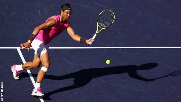Rafael Nadal plays a forehand shot in victory over Karen Khachanov at Indian Wells