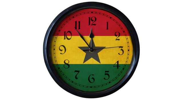A clock in the colours of the Ghanaian flag