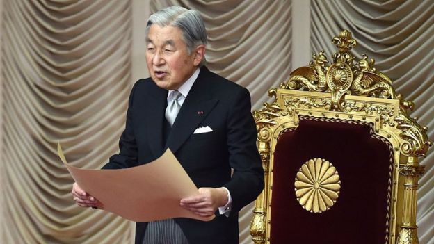 Japanese Emperor Akihito delivers his opening address for the ordinary Diet session at the National Diet in Tokyo on January 26, 2015
