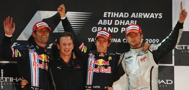 Sebastian Vettel celebrates winning the 2009 Abu Dhabi Grand Prix