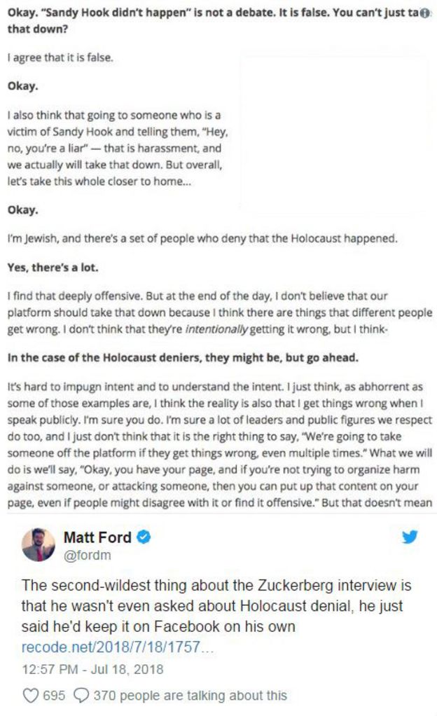 Tweet from Matt Ford reading "The second-wildest thing about the Zuckerberg interview is he said he'd keep it on Facebook on his own"