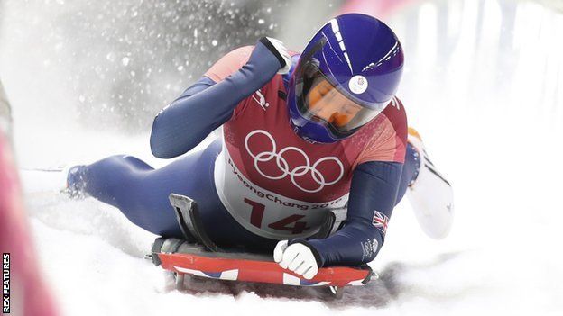 Lizzy Yarnold celebrates as she crosses the line in Pyeongchang in 2018
