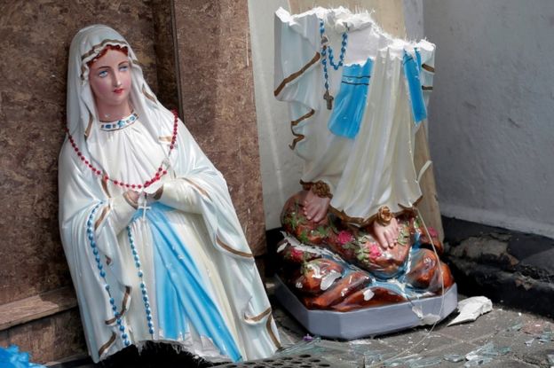 A statue of the Virgin Mary broken in St Anthony's Shrine