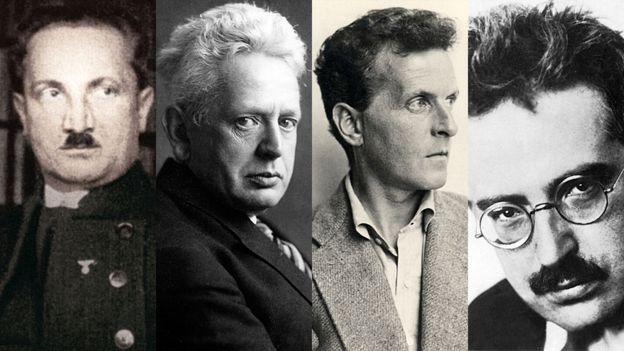 Los magos. De izquierda a derecha: Martin Heidegger, Ernst Cassirer, Ludwig Wittgenstein y Walter Benjamin.