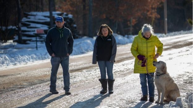 Peter and Kristen Kasinskas and Jeanne Nutter with her dog spoke to reporters outside their neighbourhood where Jayme was found