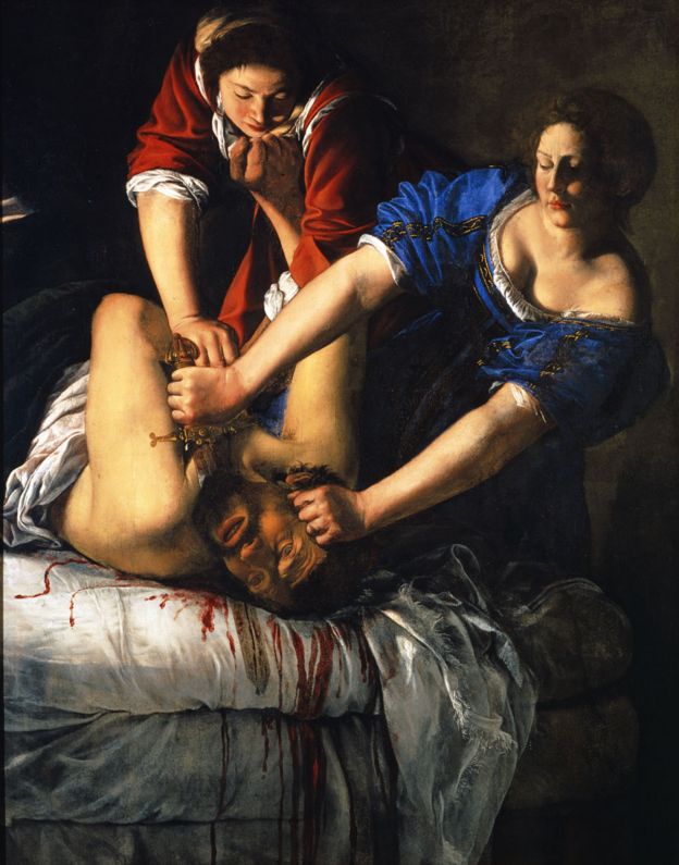 "Giuditta che decapita Oloferne" (Judith decapitando a Holofernes), de Artemisia Gentileschi, de 1620-21 ca. Ãleo sobre lienzo, 199 x 162.5 cm.