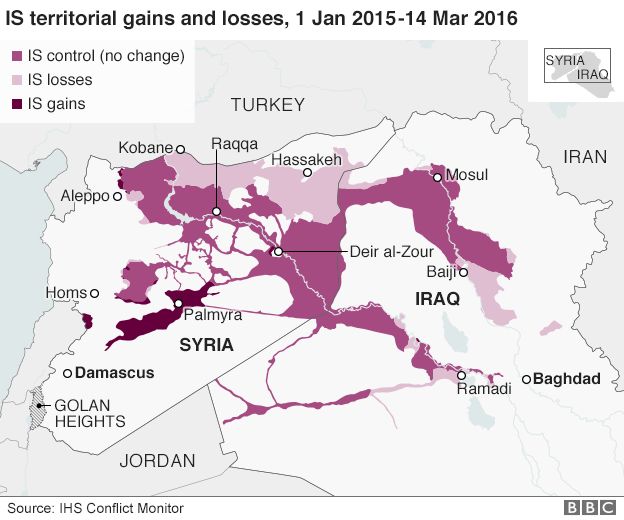 A map of Syria showing areas held, and lost, by IS militants - based on data from IHS