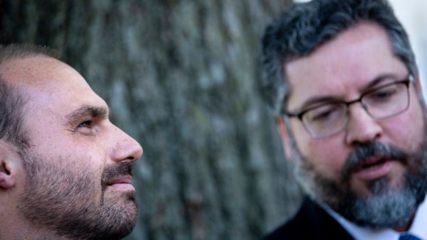 Eduardo Bolsonaro e Ernesto Araujo de perfil