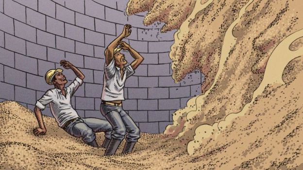 Ilustração mostra quantidade enorme de grãos caindo sobre trabalhadores Fonte: VITOR FLYNN/BBC NEWS BRASIL
