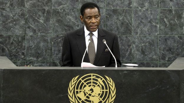 El presidente de Guinea Ecuatorial, Teodoro Obiang Nguema Mbasogo, hablando en la Asamblea General de Naciones Unidas
