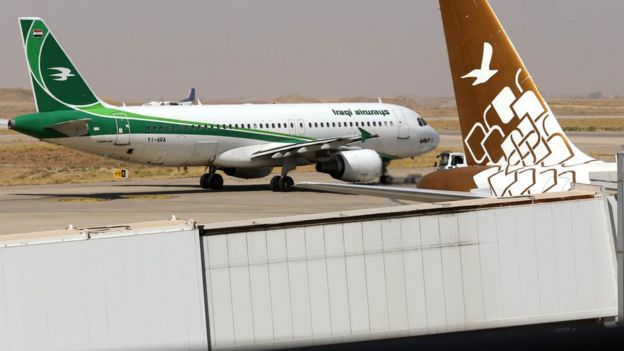 Iraqi Airways plane at Irbil international airport, Iraq, on 28 September 2017