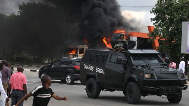 Nigerian soldiers patrol the streets of Abuja during clashes between members of the Islamic Movement of Nigeria and policemen in July 2019