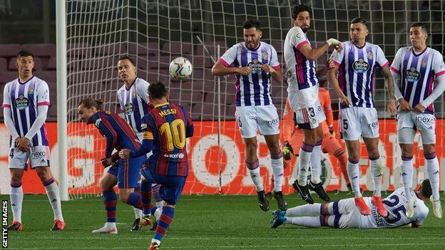 Lionel Messi takes a free kick against Real Valladolid
