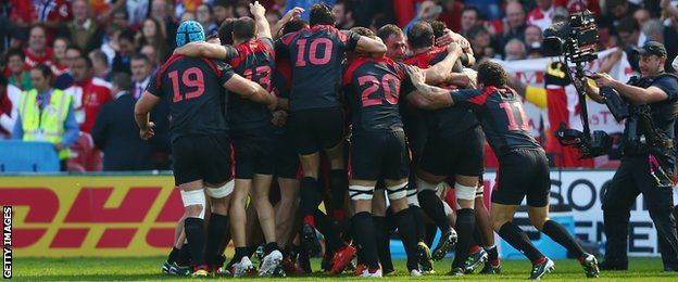 Georgia celebrate beating Tonga at the 2015 Rugby World Cup
