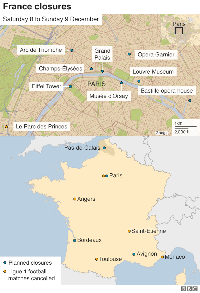 Map of Paris and France highlighting where closures will happen on Saturday 8 and Sunday 9 December