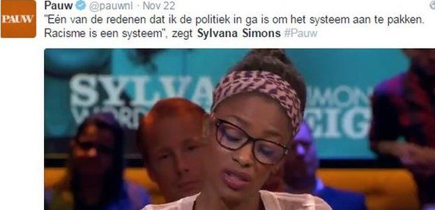 Sylvana Simons on TV show Pauw (from a Pauw tweet)