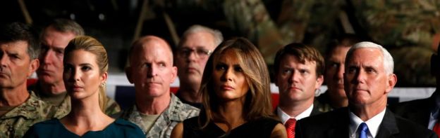 Senior adviser to and daughter of the President Ivanka Trump, first lady Melania Trump and Vice President Mike Pence (L-R) listen as U.S. President Donald Trump announces his strategy for the war in Afghanistan during an address to the nation from Fort Myer, Virginia, U.S., August 21, 2017