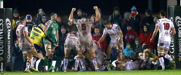 Ulster players celebrate as the final whistle is blown at The Sportsground in 2015