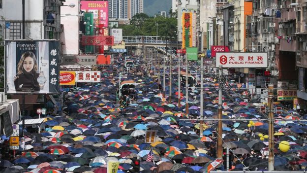 Anti-extradition bill protesters attend a mass rally in Yuen Long, New Territories, Hong Kong, China, 27 July 2019