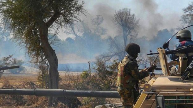 A handout picture released by the Nigerian Army shows an insurgents' camp being destroyed by Nigerian military in the Sambisa forest (archive pic)