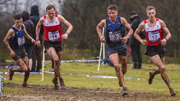 Scotland duo Jamie Crowe (l) and Andy Butchart (third from left) race against Welsh duo Kristian Jones and James Hunt (r)
