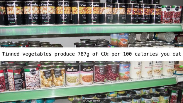 Rau củ đóng hộp sản sinh 787g CO2 mỗi 100 calories chúng ta ăn