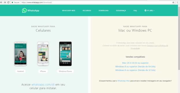 Captura de tela do site do Whatsapp